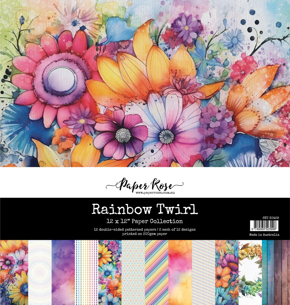 12 x 12 Inch - Rainbow Twirl - Double Sided Paper - Paper Rose