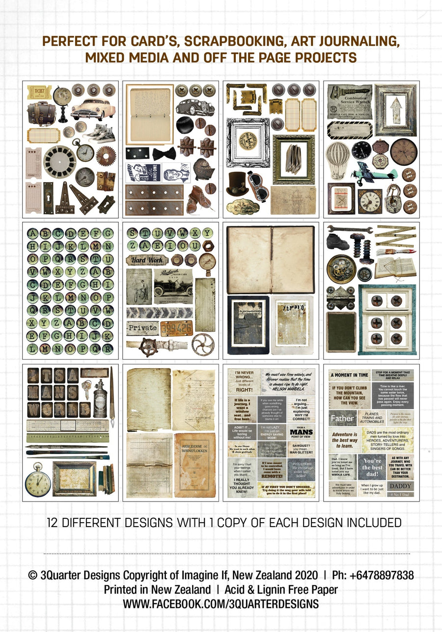 A5 - Man's World - Ephemera Fussy Cutting Pack - 3 Quarter Designs