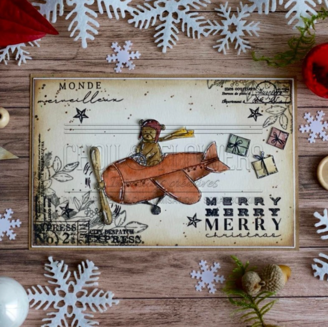 Chou and Flowers - CLEAR STAMP OURSON NOEL - Bear in Airplane - 3.5 x 5 inch Chou and Flowers