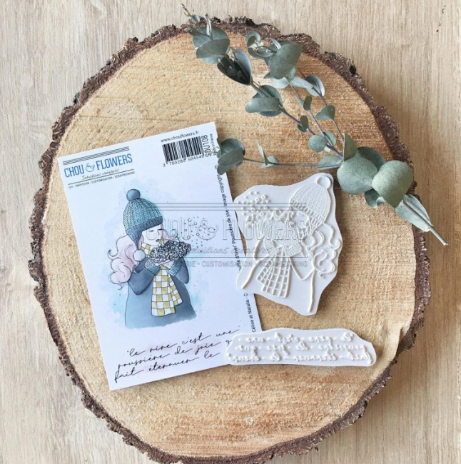 Rubber Stamp Set -  4x5 Inch - Girl With Snow - Chou and Flowers