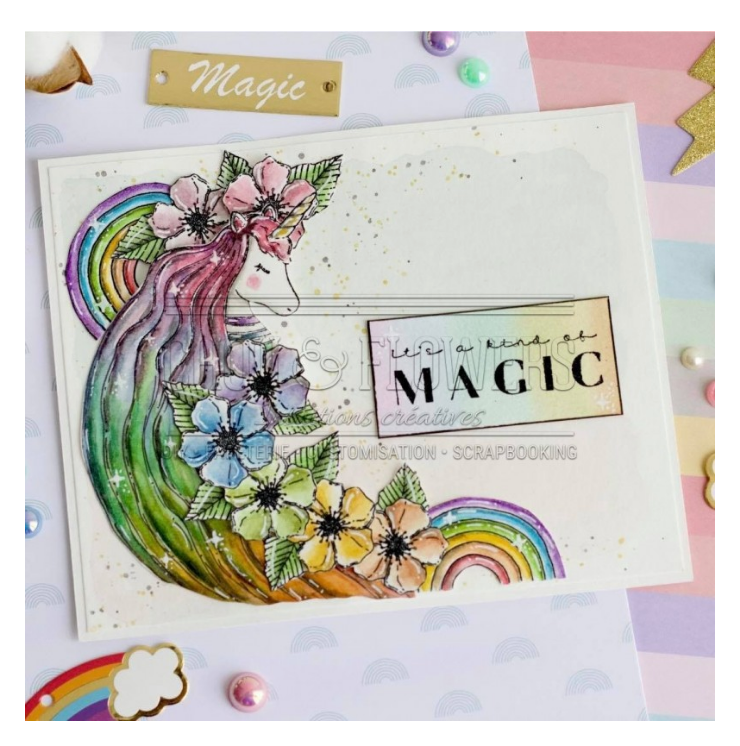 Rubber Stamp - 4x5 Inch - UNICORN - Chou and Flowers