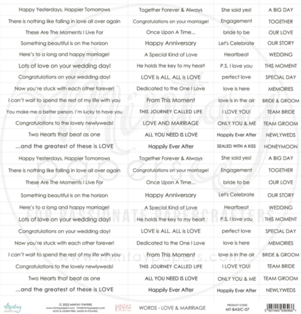 LOVE & MARRIAGE - 12 X 12 SENTIMENTS PAPER - Mintay Papers