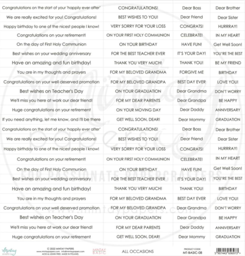 ALL OCCASION - 12 X 12 SENTIMENTS PAPER - Mintay Papers