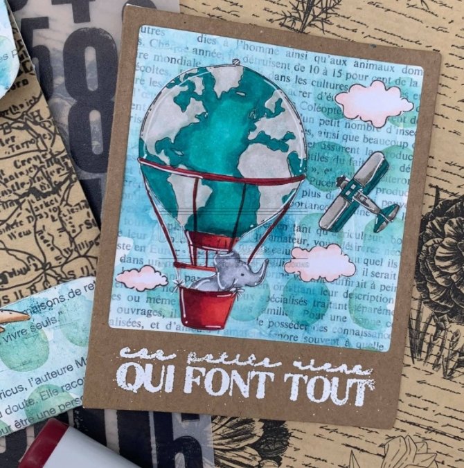 Chou and Flowers - HOT AIR BALLOON STAMP - 2 x 4 inch - Collection Voyage Imaginaire Chou and Flowers