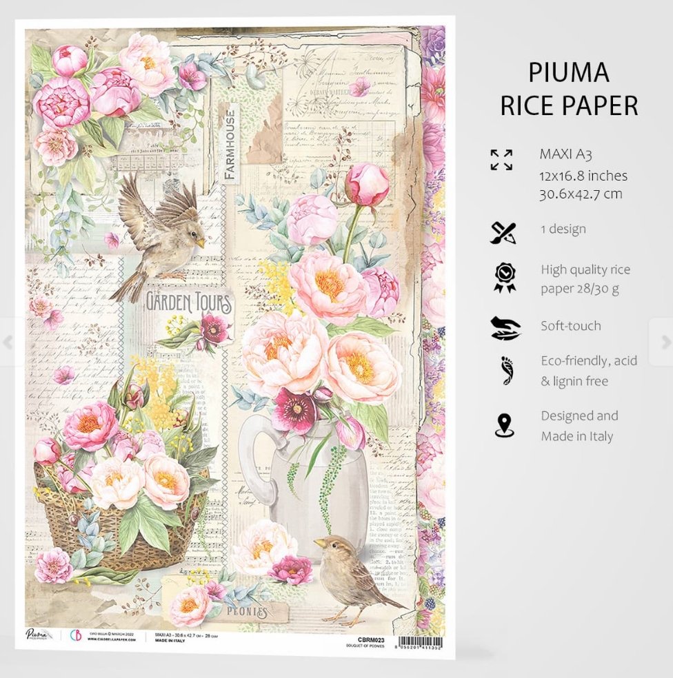 Ciao Bella - RICE PAPER MAXI A3 - BOUQUET OF PEONIES -SPARROW HILL Ciao Bella