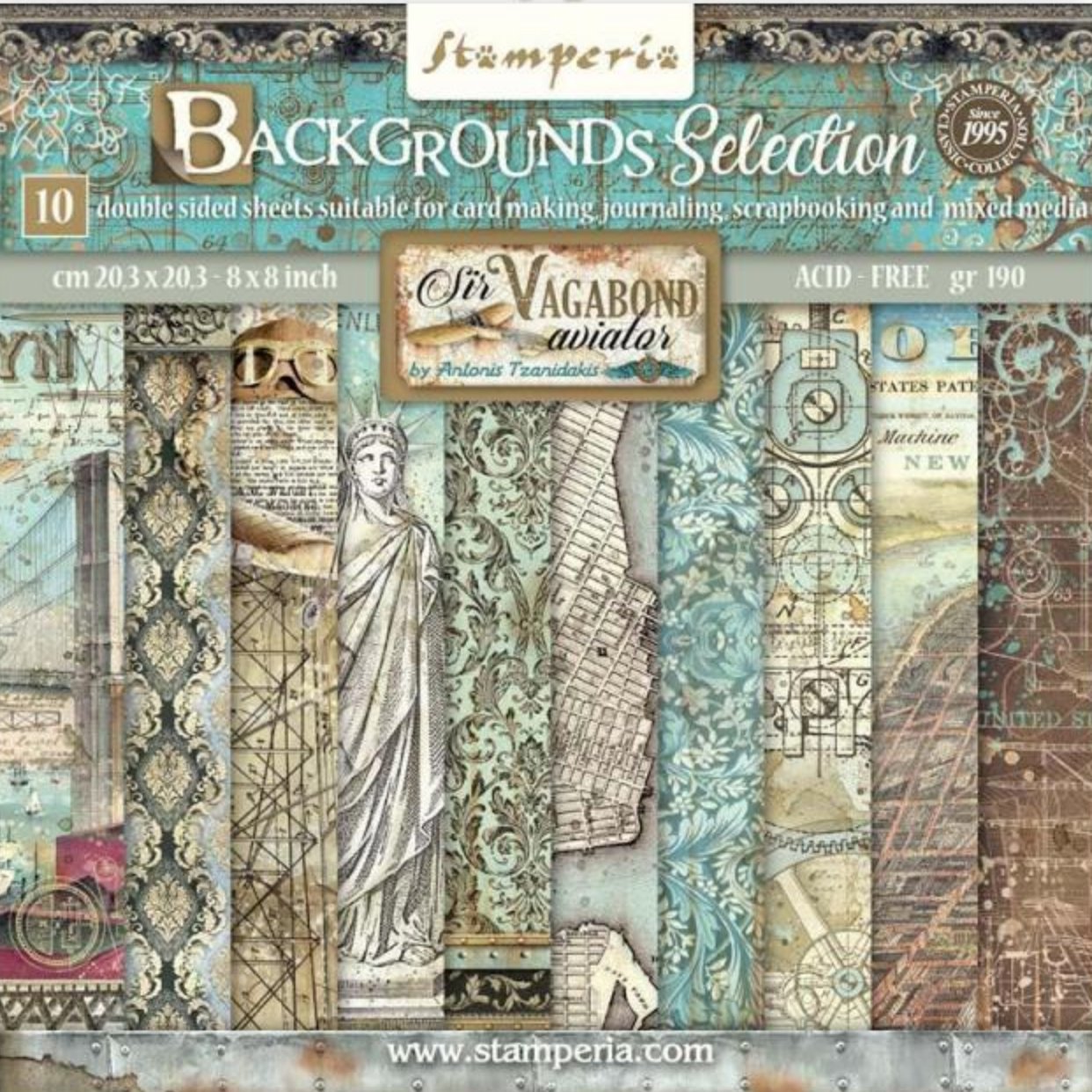 Stamperia - Scrapbooking Small Pad 10 sheets cm 20,3X20,3 (8"X8") Backgrounds Selection - Sir Vagabond Aviator Stamperia