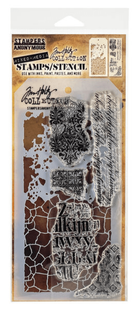 Tim Holtz Mixed Media Stamp & Stencil Set - Grime & Crackle - Messy Papercrafts