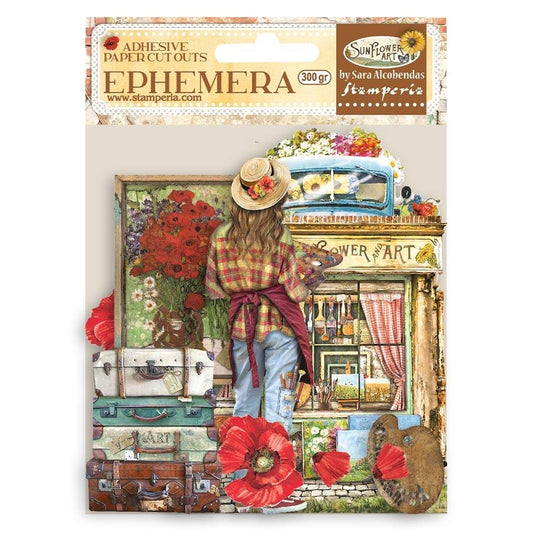 Ephemera - Sunflower Art - Elements And Poppies - Adhesive - Stamperia