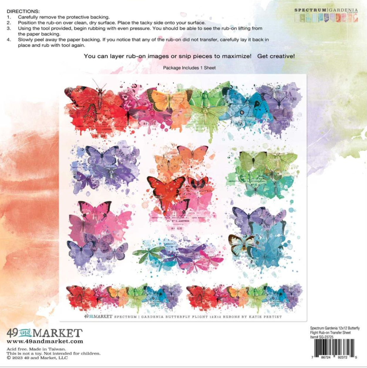 12x12 Butterfly Flight Rub Ons - Spectrum Gardenia - 1 Sheet - 49 and Market
