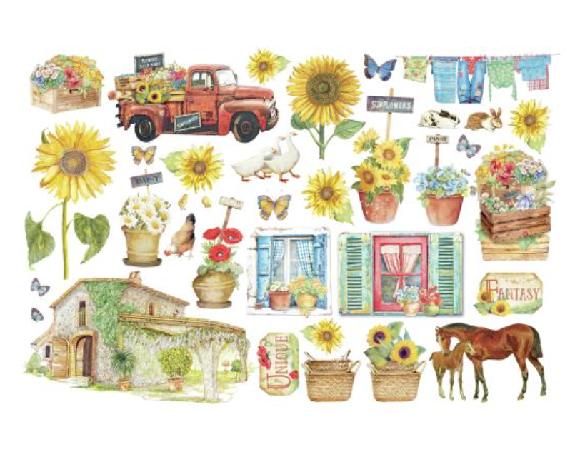 Ephemera - Sunflower Art - Elements And Sunflowers - Adhesive - Stamperia