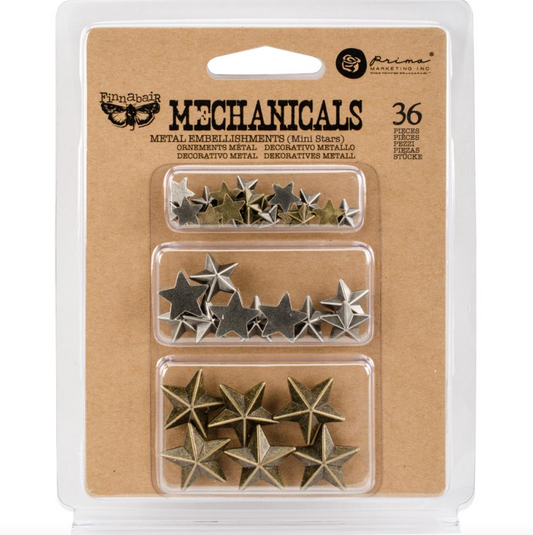 Mini Stars 36/Pkg - Finnabair Mechanicals Metal Embellishments - Prima Marketing