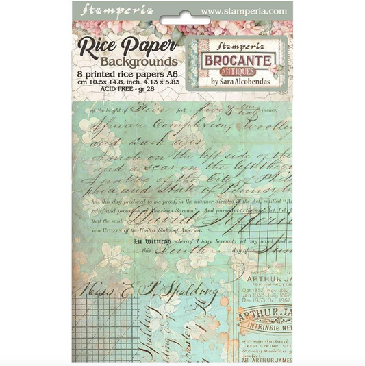 Assorted Rice Paper Backgrounds A6 8/Pkg - Brocante Antiques - Stamperia