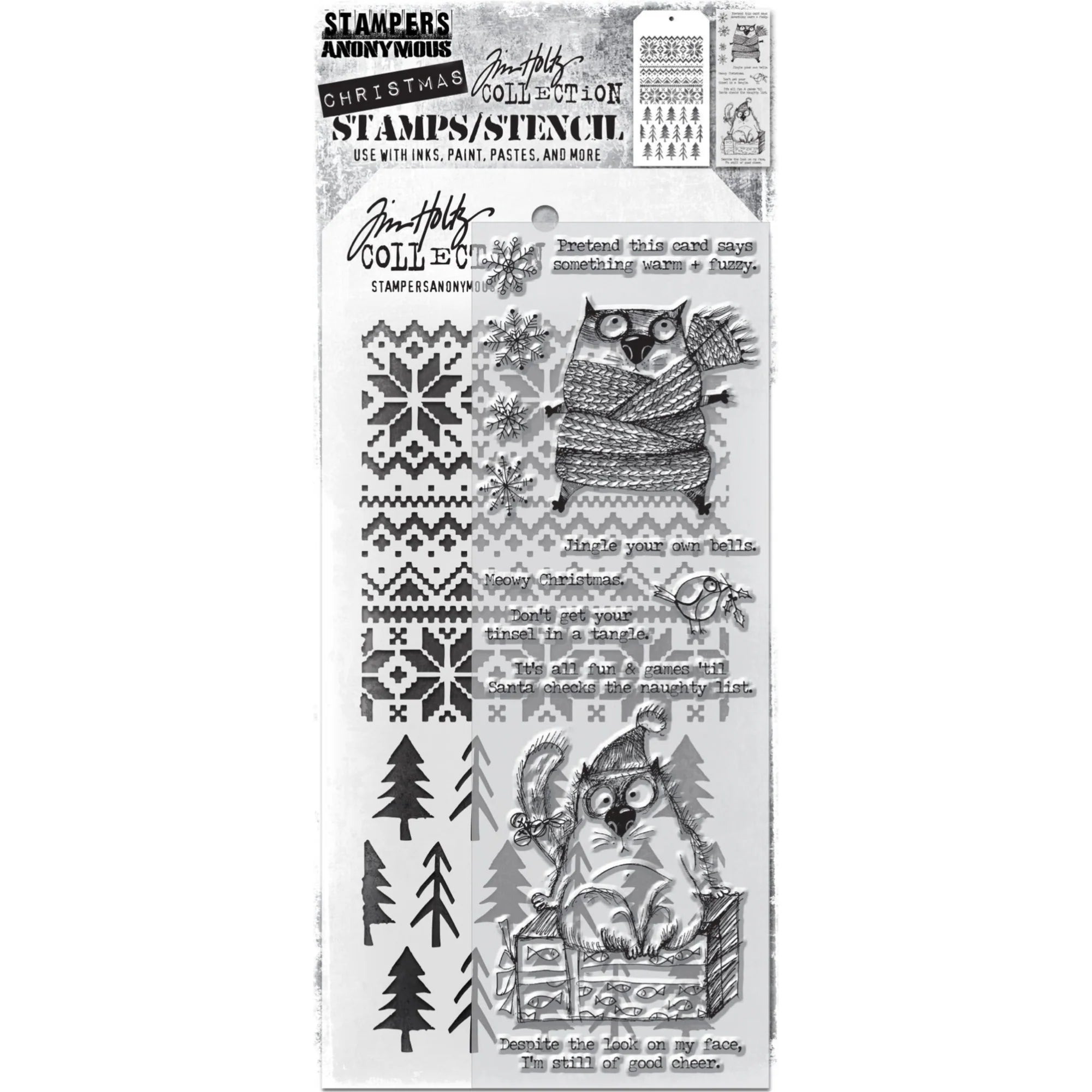 Tim Holtz - Snarky Cat Christmas - Mixed-Media Stamps & Stencil Set