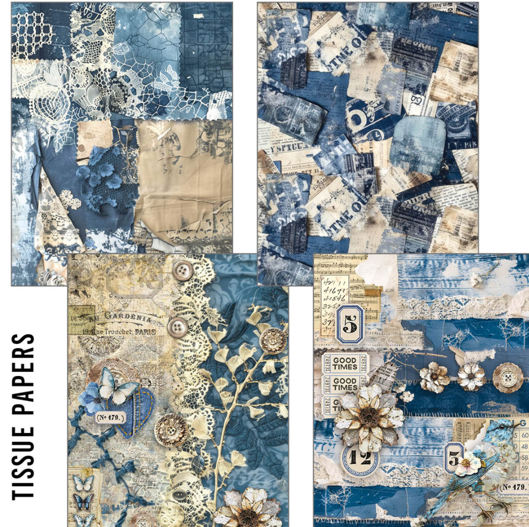 A5 Mixed Paper Pack - Blue Denim - Vellum / Tissue - 8 Sheets - Ciao Bella