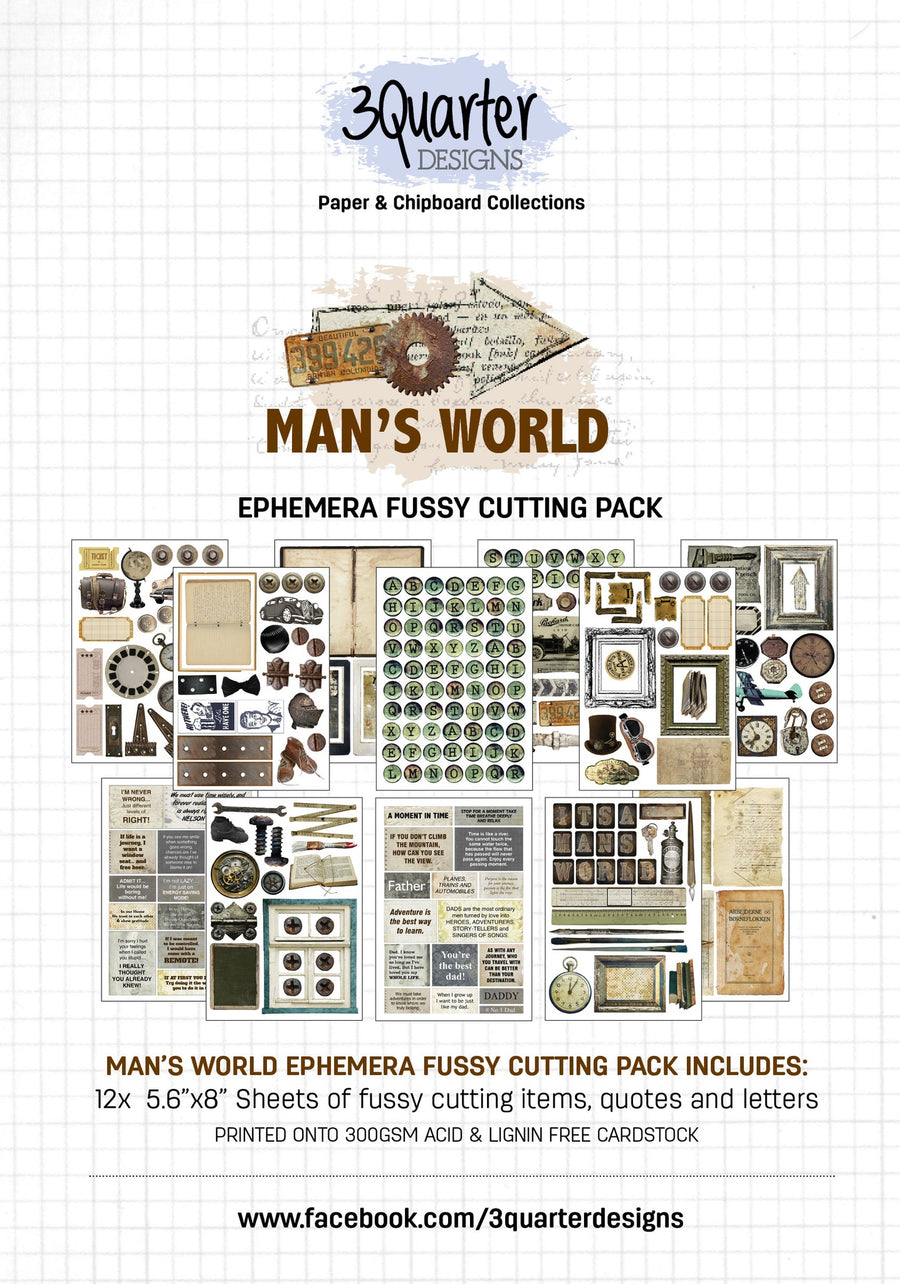 A5 - Man's World - Ephemera Fussy Cutting Pack - 3 Quarter Designs