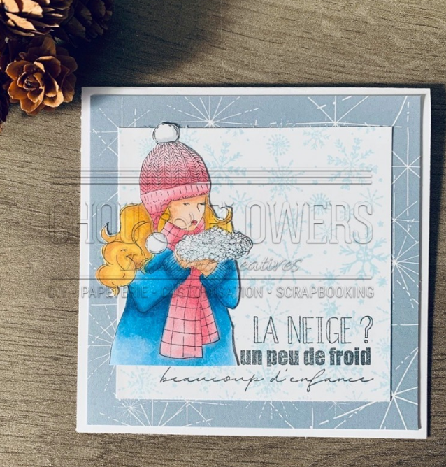 Rubber Stamp Set -  4x5 Inch - Girl With Snow - Chou and Flowers