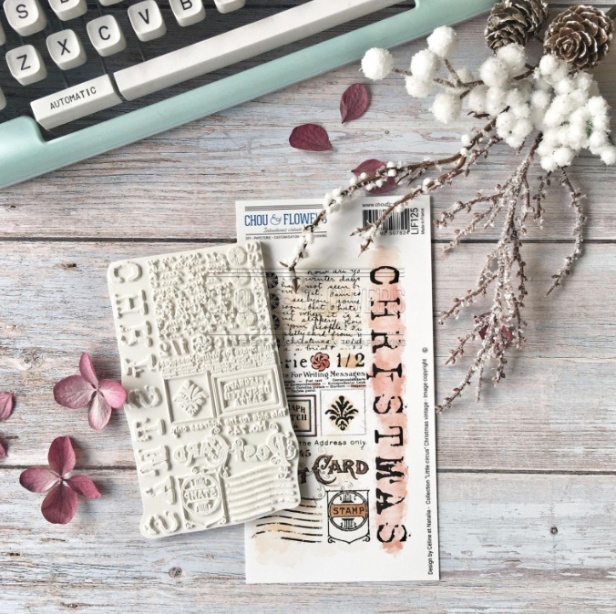 Rubber Stamp - 4x7 Inch - CHRISTMAS VINTAGE - Chou and Flowers