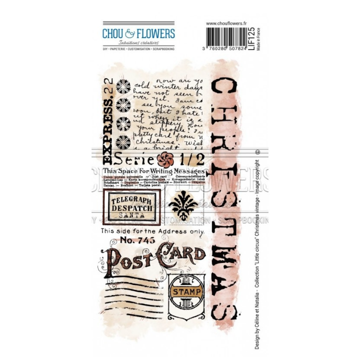 Rubber Stamp - 4x7 Inch - CHRISTMAS VINTAGE - Chou and Flowers