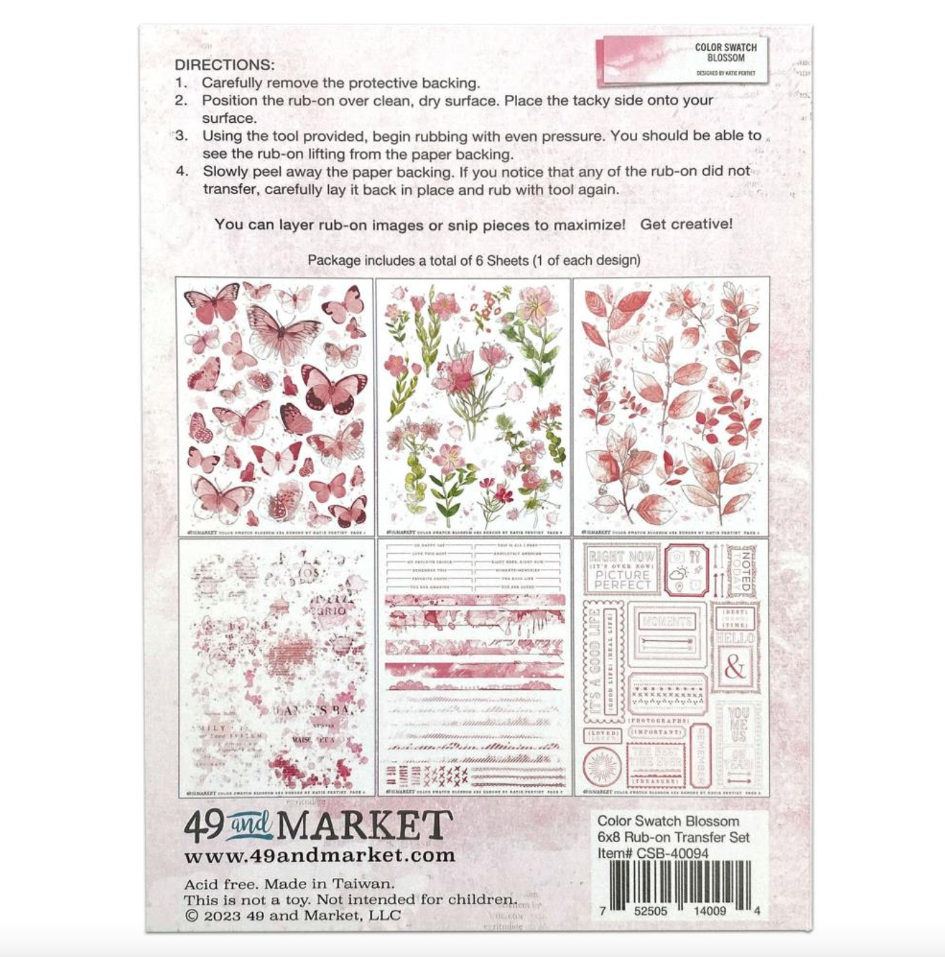 Color Swatch - Blossom Rub-Ons 6x8 - 6 Sheets - 49 and Market