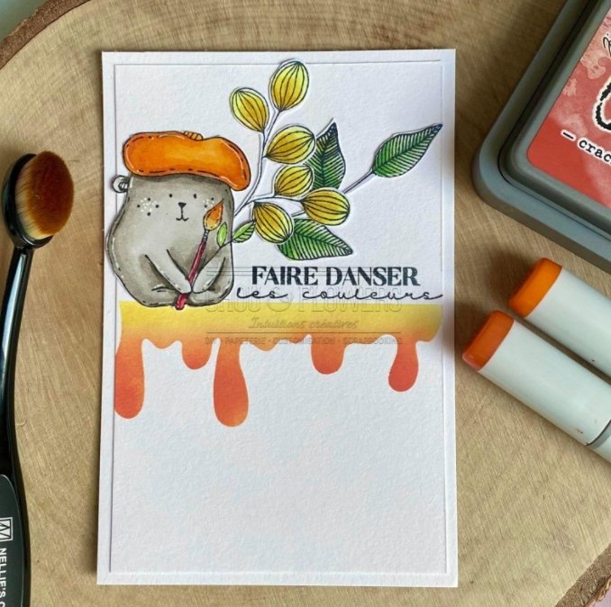 Chou and Flowers - BEAR DOUDOU CALIN ARTIST STAMP - 2.5 x 1.5 inch - Collection Journal Chromatique Chou and Flowers