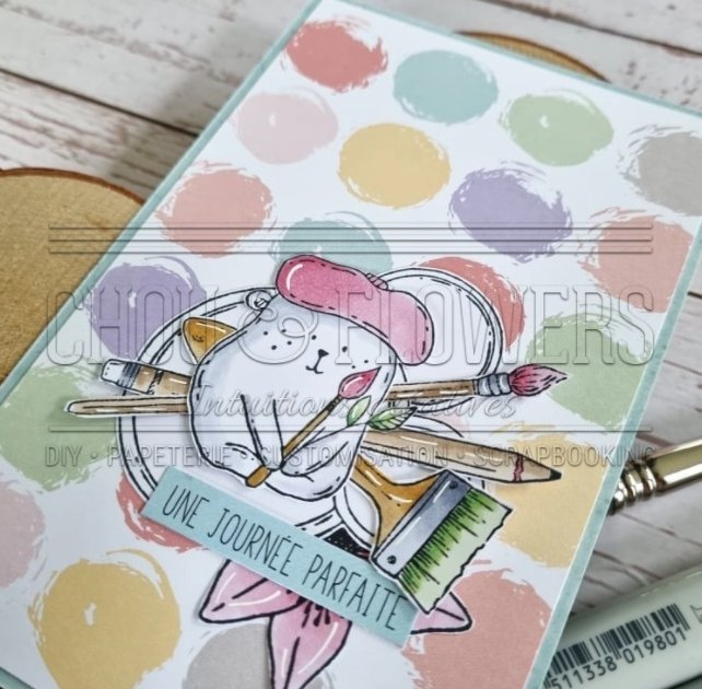 Chou and Flowers - BEAR DOUDOU CALIN ARTIST STAMP - 2.5 x 1.5 inch - Collection Journal Chromatique Chou and Flowers