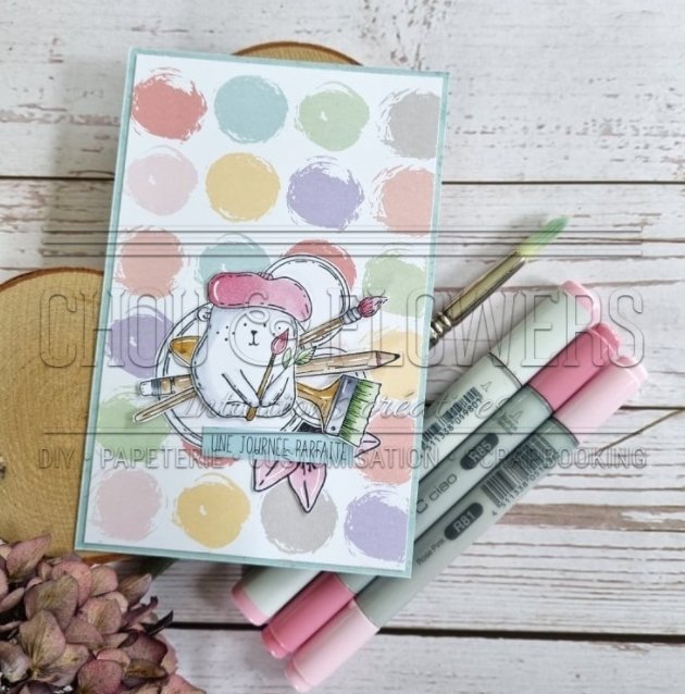 Chou and Flowers - BEAR DOUDOU CALIN ARTIST STAMP - 2.5 x 1.5 inch - Collection Journal Chromatique Chou and Flowers
