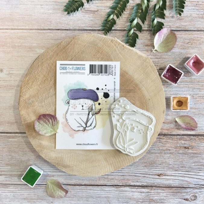 Chou and Flowers - BEAR DOUDOU CALIN ARTIST STAMP - 2.5 x 1.5 inch - Collection Journal Chromatique Chou and Flowers