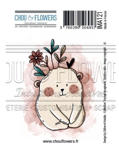 Chou and Flowers - BEAR DOUDOU CALIN WITH FLOWERS STAMP - 2.5 x 1.5 inch - Collection Voyage Imaginaire Chou and Flowers