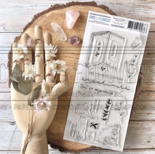 Chou and Flowers - CLEAR STAMP CREATIVITY - Collection Dans La Lune - 4.5 x 9 inch Chou and Flowers