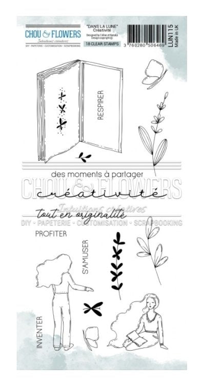 Chou and Flowers - CLEAR STAMP CREATIVITY - Collection Dans La Lune - 4.5 x 9 inch Chou and Flowers