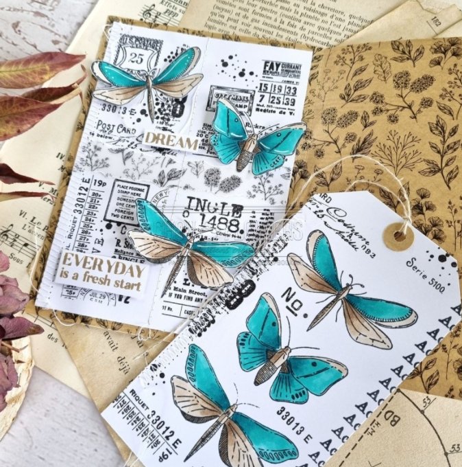 Chou and Flowers - CLEAR STAMP NOTES - Collection Voyage Imaginaire - 4.5 x 9 inch Chou and Flowers