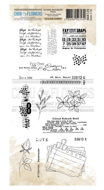 Chou and Flowers - CLEAR STAMP NOTES - Collection Voyage Imaginaire - 4.5 x 9 inch Chou and Flowers