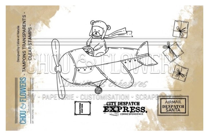 Chou and Flowers - CLEAR STAMP OURSON NOEL - Bear in Airplane - 3.5 x 5 inch Chou and Flowers