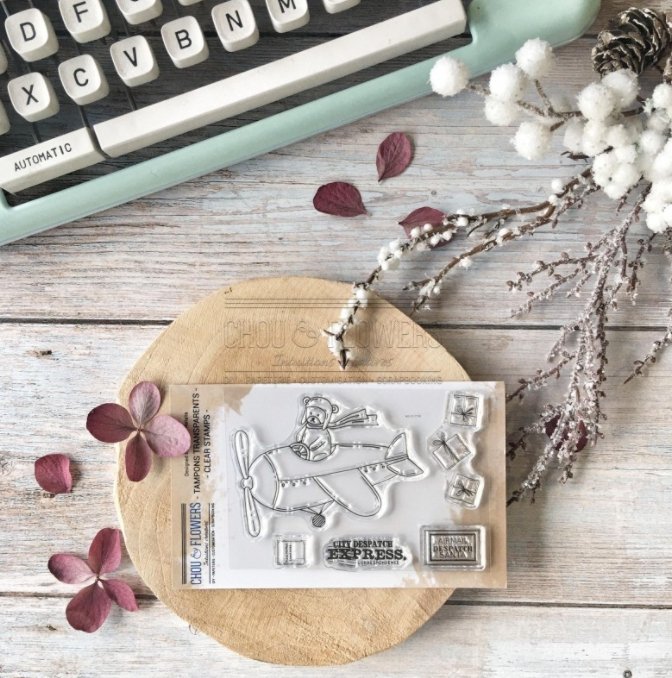 Chou and Flowers - CLEAR STAMP OURSON NOEL - Bear in Airplane - 3.5 x 5 inch Chou and Flowers