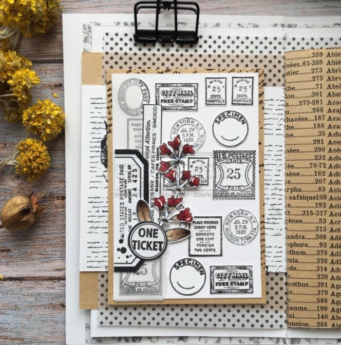 Chou and Flowers - CLEAR STAMP POSTMAIL - Collection Voyage Imaginaire - 4.5 x 9 inch Chou and Flowers