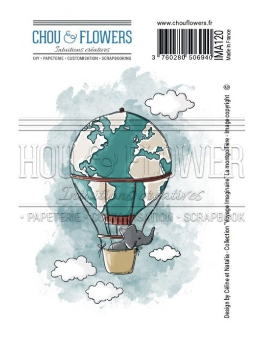 Chou and Flowers - HOT AIR BALLOON STAMP - 2 x 4 inch - Collection Voyage Imaginaire Chou and Flowers