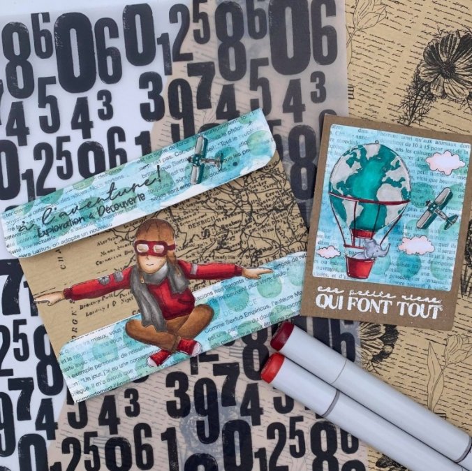 Chou and Flowers - HOT AIR BALLOON STAMP - 2 x 4 inch - Collection Voyage Imaginaire Chou and Flowers