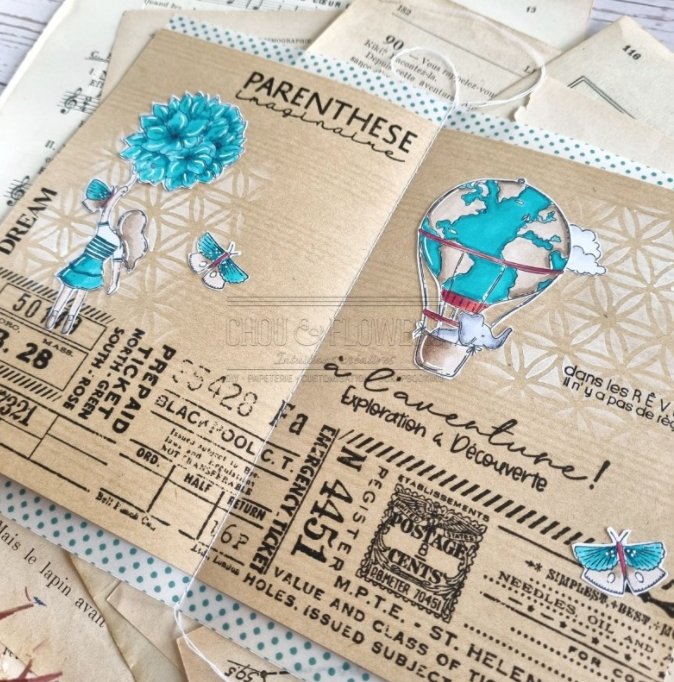 Chou and Flowers - HOT AIR BALLOON STAMP - 2 x 4 inch - Collection Voyage Imaginaire Chou and Flowers