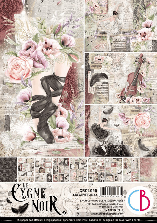 Ciao Bella - Le Cygne Noir - Double Sided Paper - A4 - Pack of 9 - Messy Papercrafts