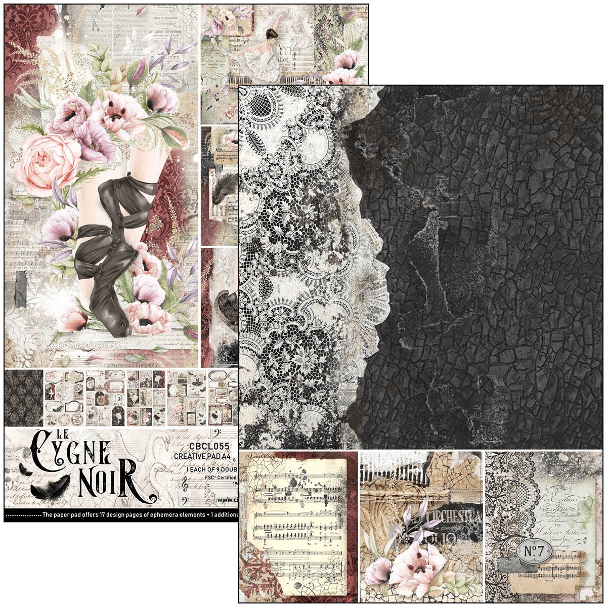 Ciao Bella - Le Cygne Noir - Double Sided Paper - A4 - Pack of 9 - Messy Papercrafts