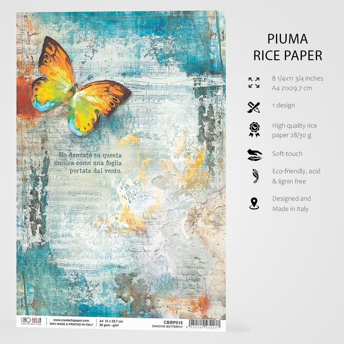Ciao Bella - Rice Paper - A4 - Single Sheet -  Dancing Butterfly Ciao Bella