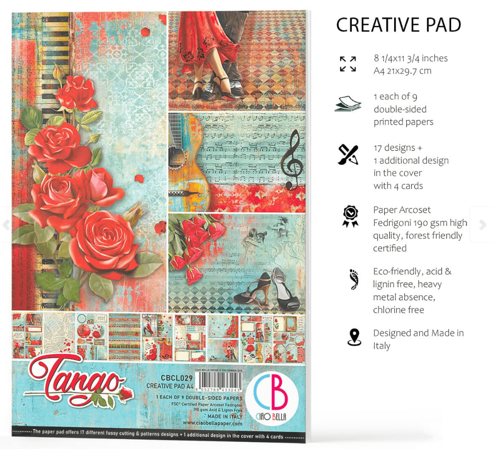 Ciao Bella - Tango - Double Sided Paper - A4 - Pack of 9 - Messy Papercrafts