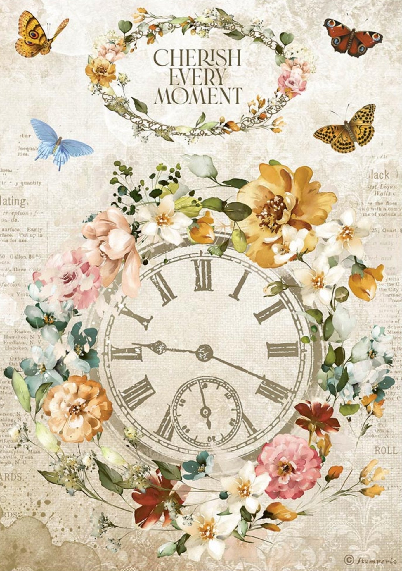 Stamperia - A4 Rice Paper - Garden of Promises - Cherish Every Moment Clock Stamperia