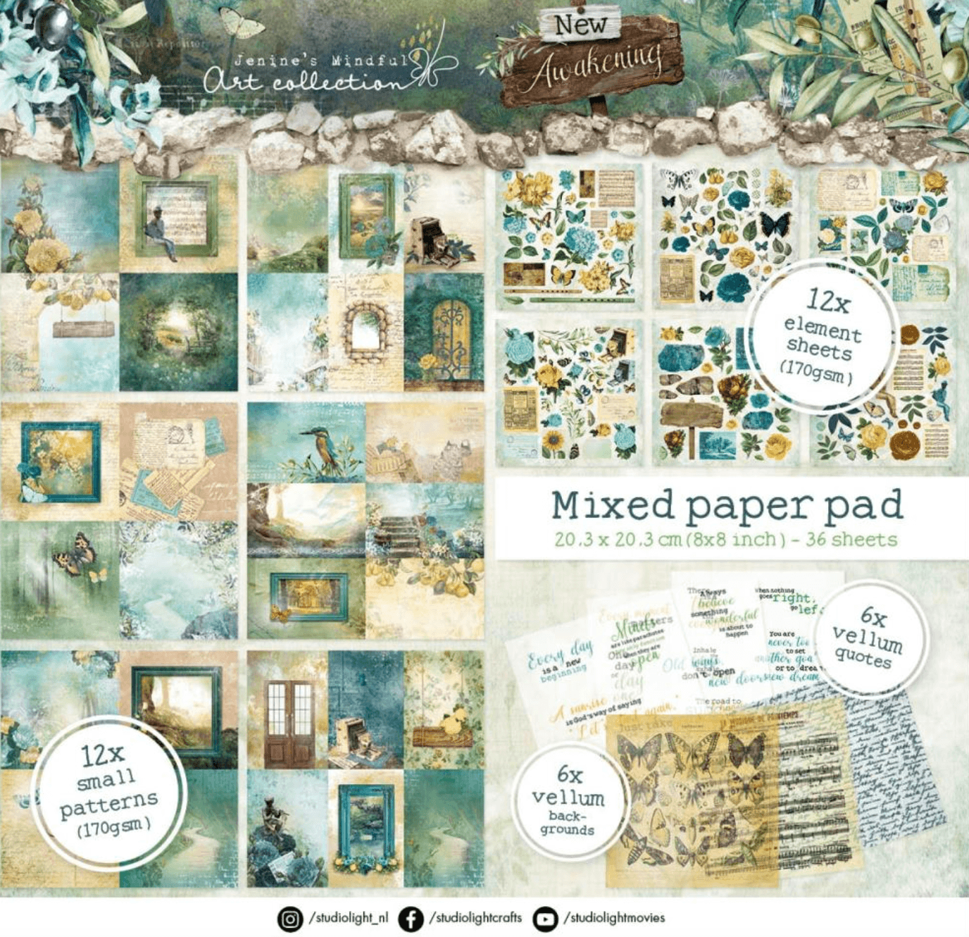 Studio Light - Paper Pad 8x8 Inch - JMA New Awakening - Mixed Paper Pad - Messy Papercrafts